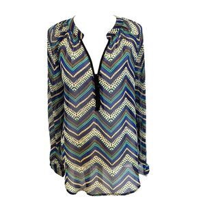FUN 2 FUN Silky Sheer V-Neck Long Sleeve Chevron Geometric Blouse Size Medium
